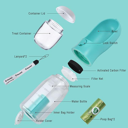 Dog Water Bottle with Food Container &amp; Poop Bag Holder, Travel Water Bowl, Portable Pet Dispenser, Dog Stuff Accessories Items, Puppy Essentials Necessities for Yorkie Chihuahua Walking Hiking