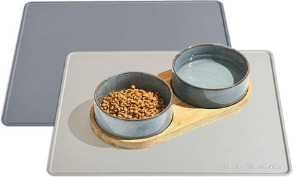 KVK Dog Water Mat 2-Pack 20×16in - Silicone Dog Mats for Food and Water, Non-Slip Pet Feeding Mat for Floors, Waterproof Cat Bowl Mats to Prevent Spills -Dark Gray &amp; Silver Gray