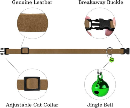 Breakaway Cat Collar Leather with Removable Bell - 13 Colors Available - Soft Adjustable Girl Boy Safety Lightweight Pet Kitten Collars Pink Brown Blue Green Red Orange Black (Brown)