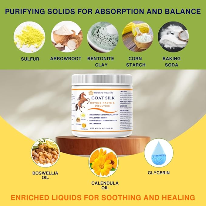 Coat Silk Drying Paste &amp; Poultice for Horses – Natural Relief for Wounds, Scratches, Sores &amp; Sweet Itch – Enriched with Sulfur, Boswellia &amp; Calendula – 10 oz