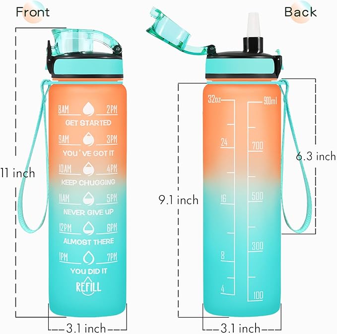 Enerbone Water Bottle, Leakproof BPA &amp; Toxic Free, Motivational Water Bottle with Times to Drink and Straw, Fitness Sports Water Bottle with Strap for Office, Gym, Outdoor Sports