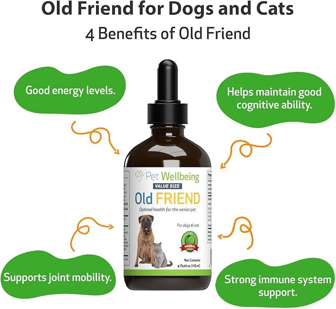 Pet Wellbeing Old Friend for Senior Dogs &amp; Cats- Supports Immune System Health, Joint Mobility, Healthy Energy Levels, Alfalfa, Reishi - Veterinarian-Formulated Herbal Supplement 4 oz (118 ml)