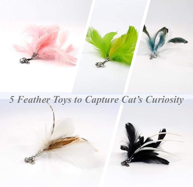 12PCS Interactive Cat Feather Wand Toy Set – 11 Bird &amp; Feather Teaser Refills with Bells + Flexible Suction Cup Wand – Realistic Bird Design, Natural Materials, Indoor Cat Toys for Exercise &amp; Play