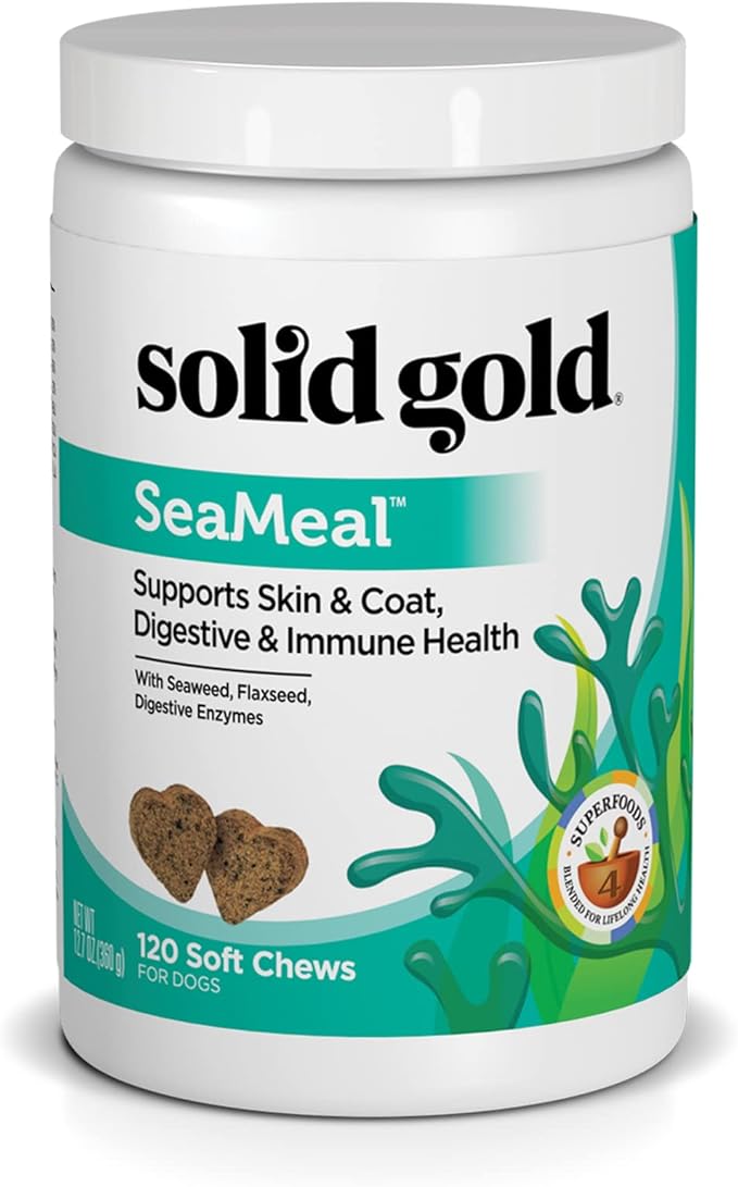 Solid Gold Cat &amp; Dog Multivitamin Chews - Kelp, Omega 3 &amp; Vitamins for Dental, Digestive, Immune, Skin &amp; Coat Health - Multi Vitamin for Dogs &amp; Cats - Sea Kelp Based Soft Chew for All Ages - 120ct