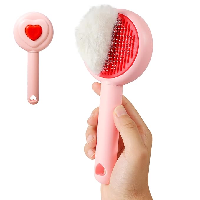 New cat brush&amp;dog brush,pet hair brush with Self Cleaning Button Easy to remove loose undercoat，Needle-tip massage beads, no harm to the skin,Lovely Heart Series(Pink)