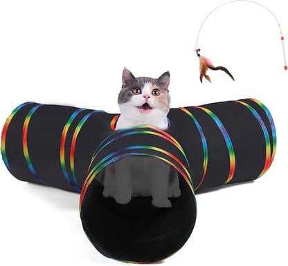 LUCKITTY Cat Tunnels Tube Toy with Plush Ball &amp; Cat Wand Feather Toys-Portable Tattaff Waterproof Washable-Interesting Geometric Pattern Collapsible-3 Way Black Rainbow
