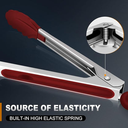 Tongs For Cooking - 7",9" and 12 inch Kitchen Tong with Silicone Tip,Heat Resistant 600 Degrees Metal Locking Tongs - for cooking,Salad and Barbecue,Red Set of 3