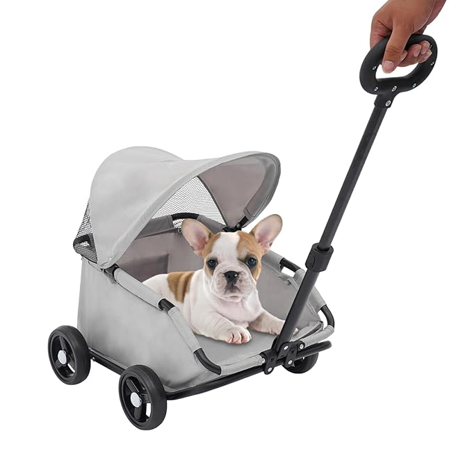 Small Dog Stroller, Pe4-Wheel Portable Dog &amp; Cat Stroller with Semi-Open Design, Foldable Pet Cart with Canopy for Small Dogs or Cats Weighing Less Than 15.43 Pounds (Grey)