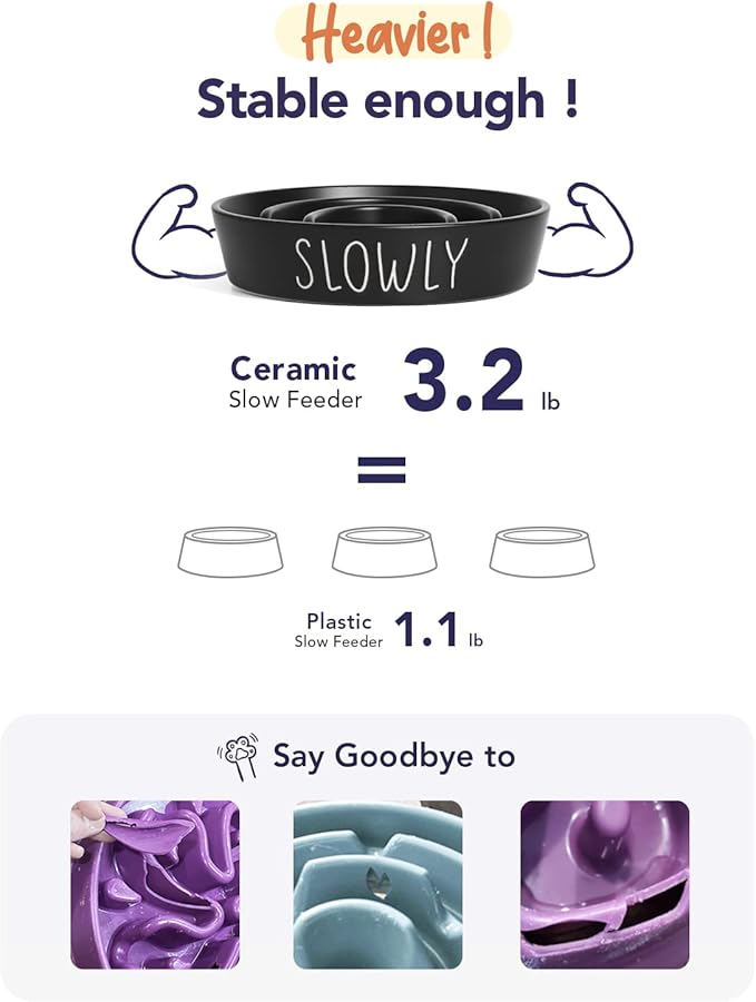 Slow Feeder Dog Bowl - 1.5 Cups Ceramic Puzzle Feeder for Small &amp; Medium Breeds, Maze Design Pet Dish for Puppy &amp; Fast Eaters, Black Non-Slip Bowl to Control Eating Speed
