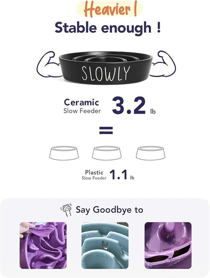 Slow Feeder Dog Bowl - 1.5 Cups Ceramic Puzzle Feeder for Small &amp; Medium Breeds, Maze Design Pet Dish for Puppy &amp; Fast Eaters, Black Non-Slip Bowl to Control Eating Speed