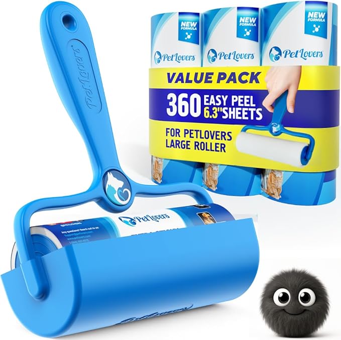 PetLovers 6.3" Large Lint Roller for Pet Hair Extra Sticky 360 Sheets, Ideal for Pet Hair Removal from Furniture &amp; Clothes, Dog and Cat Lint Remover 4 Pack