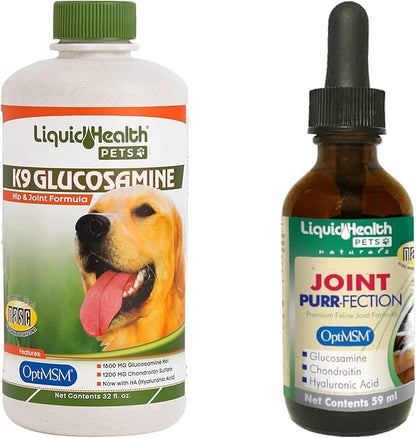 LIQUIDHEALTH Pets K9 Glucosamine Chondroitin Supplement for Dogs &amp; Puppies &amp; Joint Purr-Fection Hip &amp; Joint Glucosamine Drops for Cats &amp; Kittens - Pet Health Supplement Bundle for Mobility, USA Made