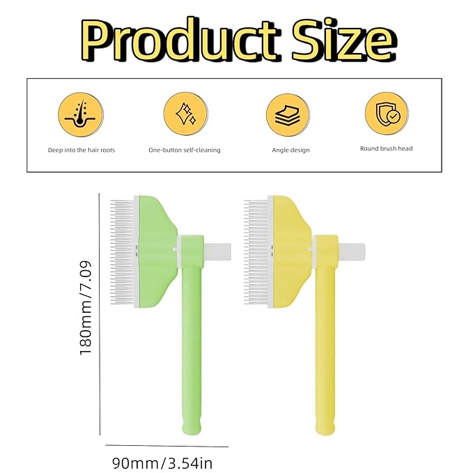 360° Press and Rotate Flea Comb for Cats and Dogs - Self-Cleaning Pet Hair Removal Tool with Release Button &amp; Long-Short Stainless Steel Teeth for Shedding (Green and Yellow)