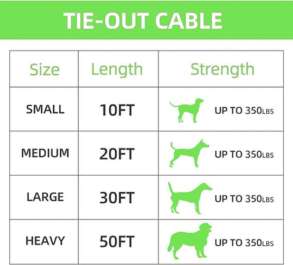 Dog Tie Out Cable, 30FT, Green, Suitable for Dogs up to 350 pounds, Lightweight, Non-Winding, for Outdoor Use