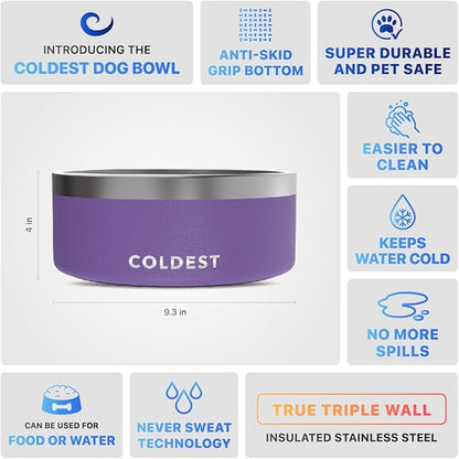 Coldest Dog Bowl - Anti Rust Metal, Non Slip, 3 Layers Insulated Stainless Steel Dog Bowls - Spill Proof &amp; Heavy Duty - Water Bowl for Dogs, Cats &amp; Pets, Dish Washer Safe (100 oz, Galaxy Purple)