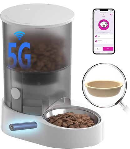 PAPIFEED Automatic Cat Feeder, 4L Auto Dog Cat Feeder with Rechargeable Battery &amp; Dual-Band WiFi (2.4G &amp; 5G), Automatic Pet Food Dispenser for Outdoor Travel Home - Ceramic Bowl Included