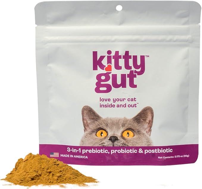 KittyGut 3-in-1 Organic Cat Probiotics &amp; Postbiotic Supplement Powder- Made in USA-Probiotics for Cats Promote Gut Health and Cat Digestive Support, Diarrhea and Vomiting (90g)