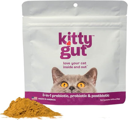 KittyGut 3-in-1 Organic Cat Probiotics &amp; Postbiotic Supplement Powder- Made in USA-Probiotics for Cats Promote Gut Health and Cat Digestive Support, Diarrhea and Vomiting (90g)
