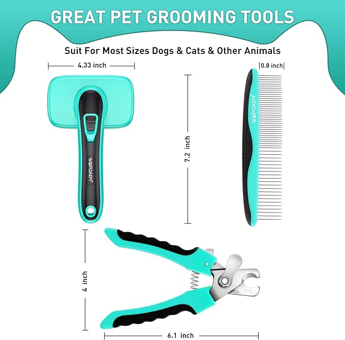 Dog Brush Kit for Grooming Short Long Haired Cats, 3 in 1 Dog Grooming Set for Small Animals, Puppy Self-Cleaning Slicker Brush for Shedding Medium &amp; Large Dogs. Free Pet Comb + Nail Clippers