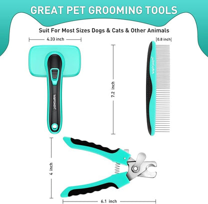Dog Brush Kit for Grooming Short Long Haired Cats, 3 in 1 Dog Grooming Set for Small Animals, Puppy Self-Cleaning Slicker Brush for Shedding Medium &amp; Large Dogs. Free Pet Comb + Nail Clippers
