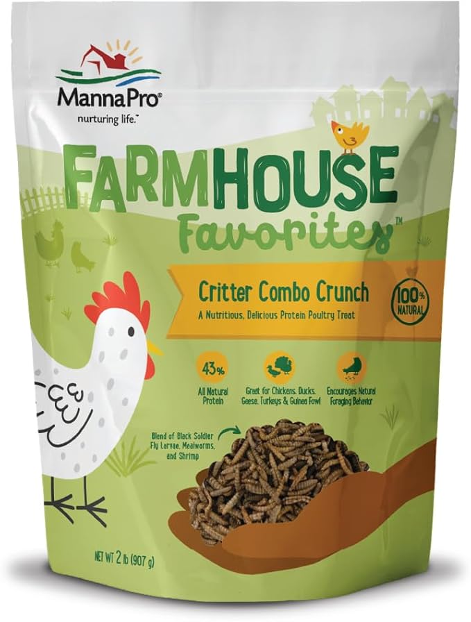 Manna Pro Farmhouse Favorites Critter Combo Crunch Poultry Treat - Protein Poultry Treat - Encourages Natural Foraging Behavior - 100% Natural Blend of Soldier Fly Larvae, Mealworms &amp; Shrimp - 2lb Bag