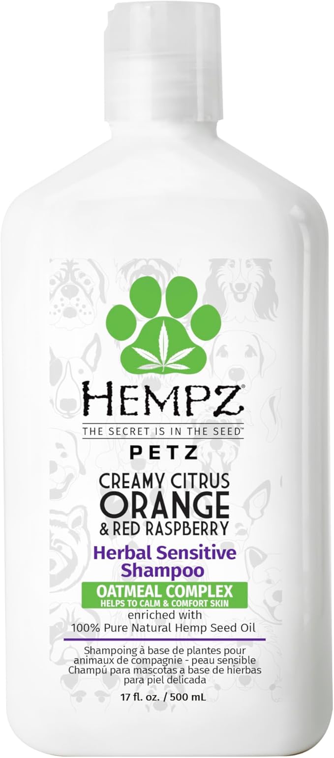 Hempz Petz, Sensitive Dog Shampoo, Oatmeal Complex to Soothe, Creamy Citrus Orange &amp; Red Raspberry Herbal Sensitive Shampoo 17 oz.