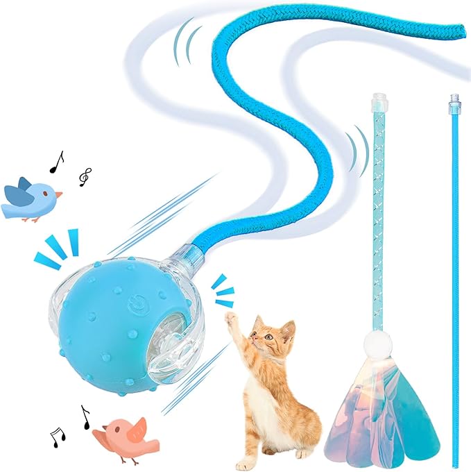Interactive Cat Toys Ball for Indoor Cats, Automatic Agile Rolling Cat Ball with Elastic Mesh Tail, Bird Chirping &amp; Motion Activated, 2 Tail Accessories, Kitten Toy for Bored (Blue)