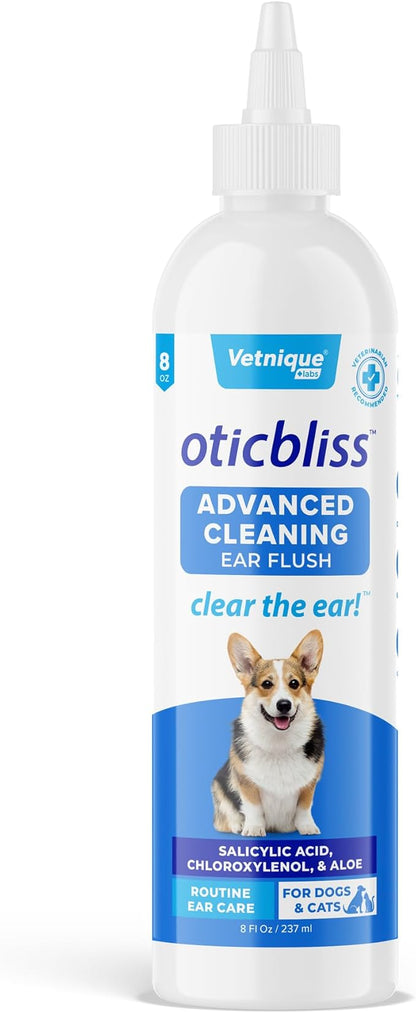 Vetnique Oticbliss Cat &amp; Dog Ear Cleaners: Medicated Dog Ear Drops for Infection, Antiseptic Flush, &amp; Wipes to Reduce Itchy Ears &amp; Head Shaking - Vet Recommended for Itchy Ears (8oz, Flush)