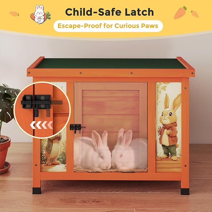 COZIWOW 24in Wooden Cat House Outdoor &amp; Indoor Pet Shelter with Foldable Ramp - Weatherproof Rabbit Hutch with Unique Machine-Printed Art Designs for Cat, Rabbit, Guinea Pig (Orange)