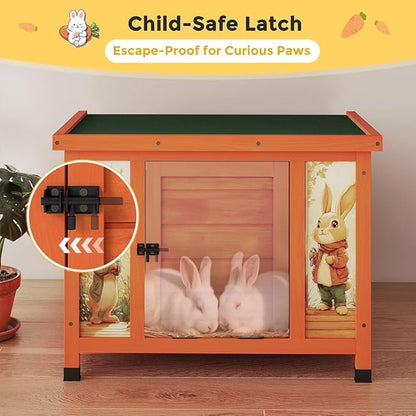 COZIWOW 24in Wooden Cat House Outdoor &amp; Indoor Pet Shelter with Foldable Ramp - Weatherproof Rabbit Hutch with Unique Machine-Printed Art Designs for Cat, Rabbit, Guinea Pig (Orange)