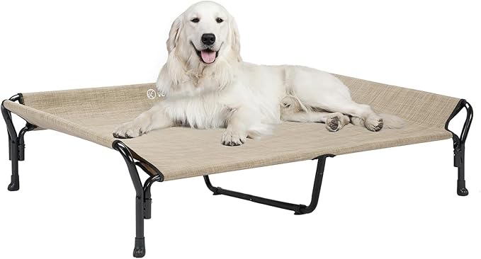 Veehoo Cooling Elevated Dog Bed, XL Raised Pet Cot with Guardrail &amp; Slope Headrest, Durable Breathable Teslin Mesh, Non-Slip Feet, Washable Dog Couch Bed for Indoor &amp; Outdoor, 50.5" x 33.5", Beige