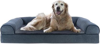 Furhaven Cooling Gel Dog Bed for Large Dogs w/ Removable Bolsters &amp; Washable Cover, For Dogs Up to 95 lbs - Sherpa &amp; Chenille Sofa - Orion Blue, Jumbo/XL
