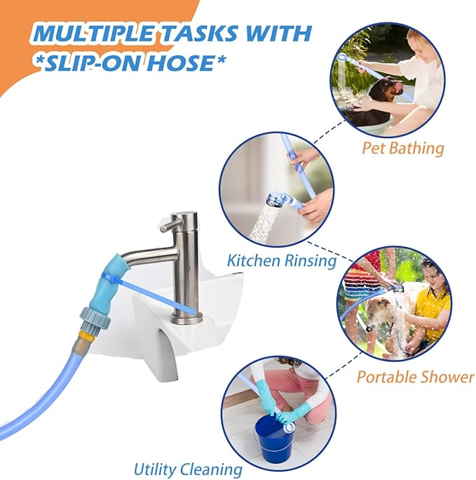 Slip-On Shower Hose Attachment with 6 Ft Hose - Faucet &amp; Tub Faucet Adapter for Pet Bathing, Kitchen Sink, Portable Handheld Shower Head (Crystal Blue)