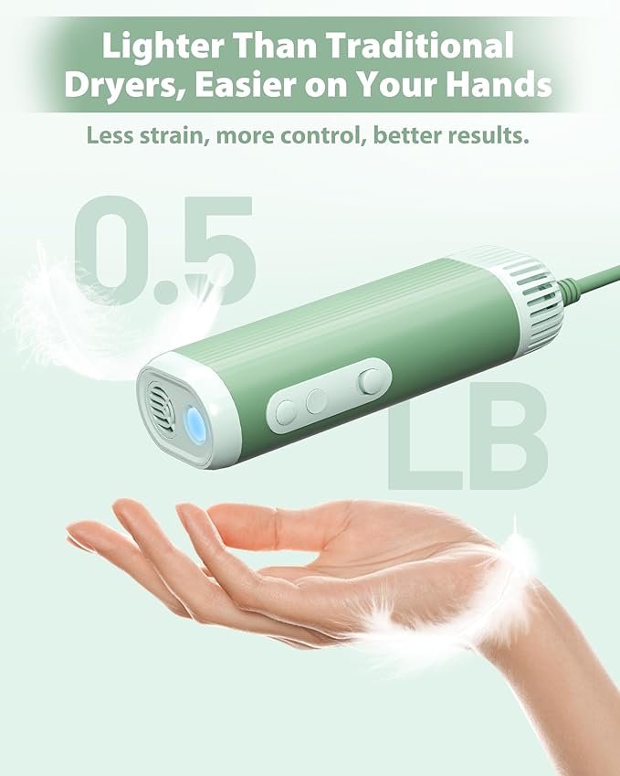 Hands-Free Dog Hair Dryer – Low Noise Pet Grooming Blower for Small &amp; Medium Dogs Cats, Fast Drying, Adjustable Heat &amp; Speed, Portable (Green)