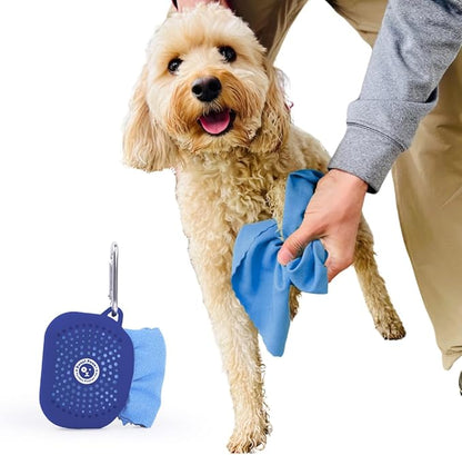 Sweet Paws Portable Dog Paw Towel, Lightweight &amp; Super Absorbent Microfiber, Clips onto Leash, Quick Drying Towel for Dogs Paws with Silicone Case, Dry Dog’s Paws on The Go - Large - Newport Navy