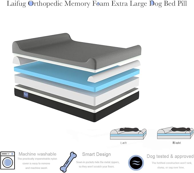 Laifug Orthopedic Memory Foam Extra Large Dog Bed Pillow(50"x36"x10", Chocolate) Durable Water Proof Liner &amp; Removable Washable Cover &amp; Smart Design