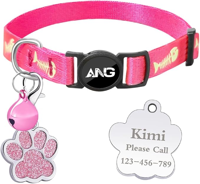 Personalized Breakaway Cat Collars Glow-in-The-Dark with ID Tag, Bell - Safety Quick - Release, Customizable for Female Male Kittens &amp; Cats (Pink)