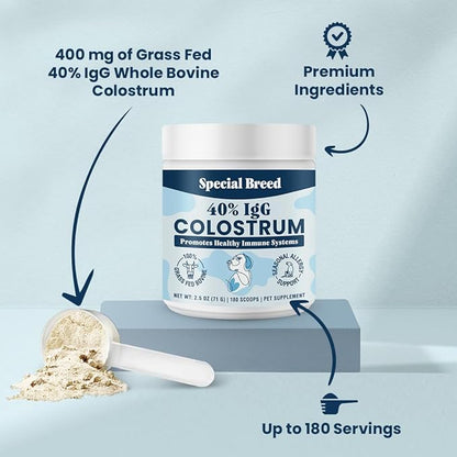 40% IgG Grass Fed Colostrum for Dogs, High IgG Third Party Tested, Immune Support, Skin &amp; Gut Health, Seasonal Allergy &amp; Itch Relief, Made in USA, 2.5 Oz
