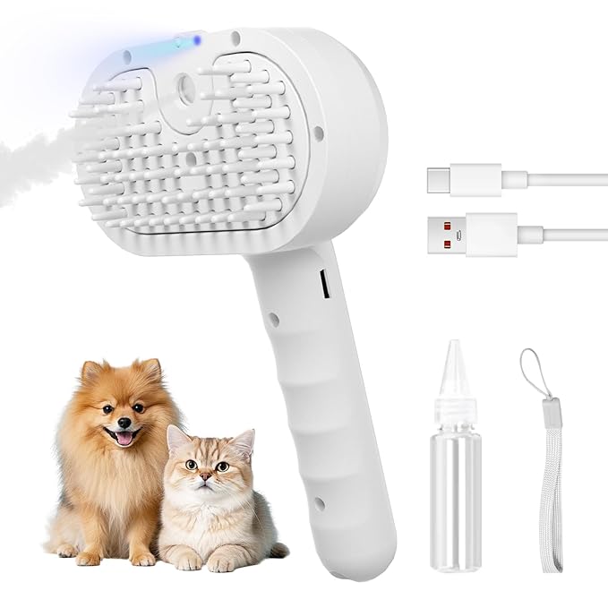 REIKIYA Cat Steam Brush,4-in-1 Spray Hair Removal Dog Brush for Shedding &amp; Grooming with UV Light, Anti-Static Pet Spray Comb with One-Click Release Button