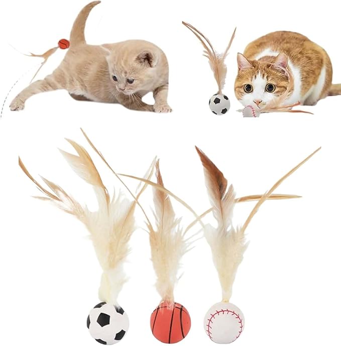 2025 New Interactive Cat Feather Ball Toy Set - Elastic Bouncy Cat Toys with Feather Tails, Silicone Rolling Balls for Indoor Cats &amp; Kitten Exercise, Safe &amp; Fun Play (1 Set)
