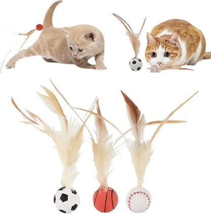 2025 New Interactive Cat Feather Ball Toy Set - Elastic Bouncy Cat Toys with Feather Tails, Silicone Rolling Balls for Indoor Cats &amp; Kitten Exercise, Safe &amp; Fun Play (1 Set)