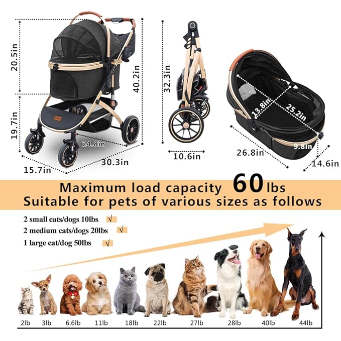Pettingzoo Dog stroller with 4 Wheels, Folding Cat Stroller for Small/Medium/Large dogs &amp; cats to 60 lbs, pet stroller with removable carrier, Storage Basket,Cup Holder,3 in1 Multifunctiona Detachable