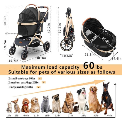 Pettingzoo Dog stroller with 4 Wheels, Folding Cat Stroller for Small/Medium/Large dogs &amp; cats to 60 lbs, pet stroller with removable carrier, Storage Basket,Cup Holder,3 in1 Multifunctiona Detachable