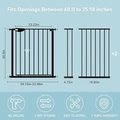 WAOWAO Triple Lock 68.11-75.98" Baby Gate Extra Wide Pressure Mounted Walk Through Swing Auto Close Safety Black Metal Dog Pet Puppy for Stairs,Doorways,Kitchen
