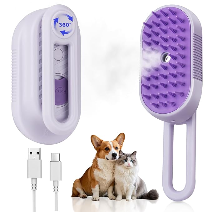 Steam Brush for Cat &amp; Dog – 3-in-1 Spritz Pet Spray Hair Removal Comb for Grooming &amp; Shedding Steam – Water Brush for Long