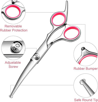 Dog Grooming Kit with Safety Round Tips Stainless Steel Professional Dog Shears Set - Thinning, Curved Scissors and Comb for Cat Pet