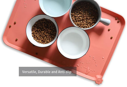 Hoki Found L Silicone Non Slip Pet &amp; Cat Dog Feeding Tray - Waterproof &amp; Pet Water Mats for Carpet - Burnt Coral