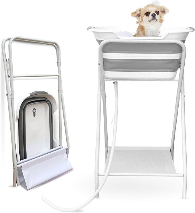 CYGNE 2-in-1 Dog Bathtub &amp; Washing Station, Elevated Collapsible Bathtub with Drainhole &amp; Storage Rack, Foldable Portable Indoor/Outdoor Pet Bathing &amp; Grooming for Small Dogs Cats
