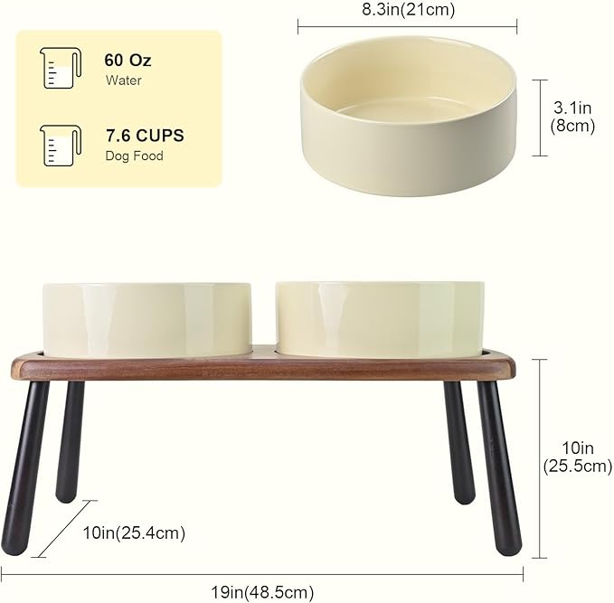 SPUNKYJUNKY Ceramic Elevated Dog Bowls Raised with Acacia Bamboo Wooden Stand, 8.3&