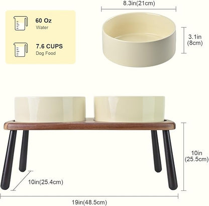 SPUNKYJUNKY Ceramic Elevated Dog Bowls Raised with Acacia Bamboo Wooden Stand, 8.3&